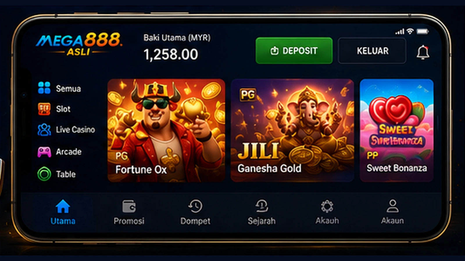 Paparan antaramuka aplikasi Mega888 v1.2 pada Android